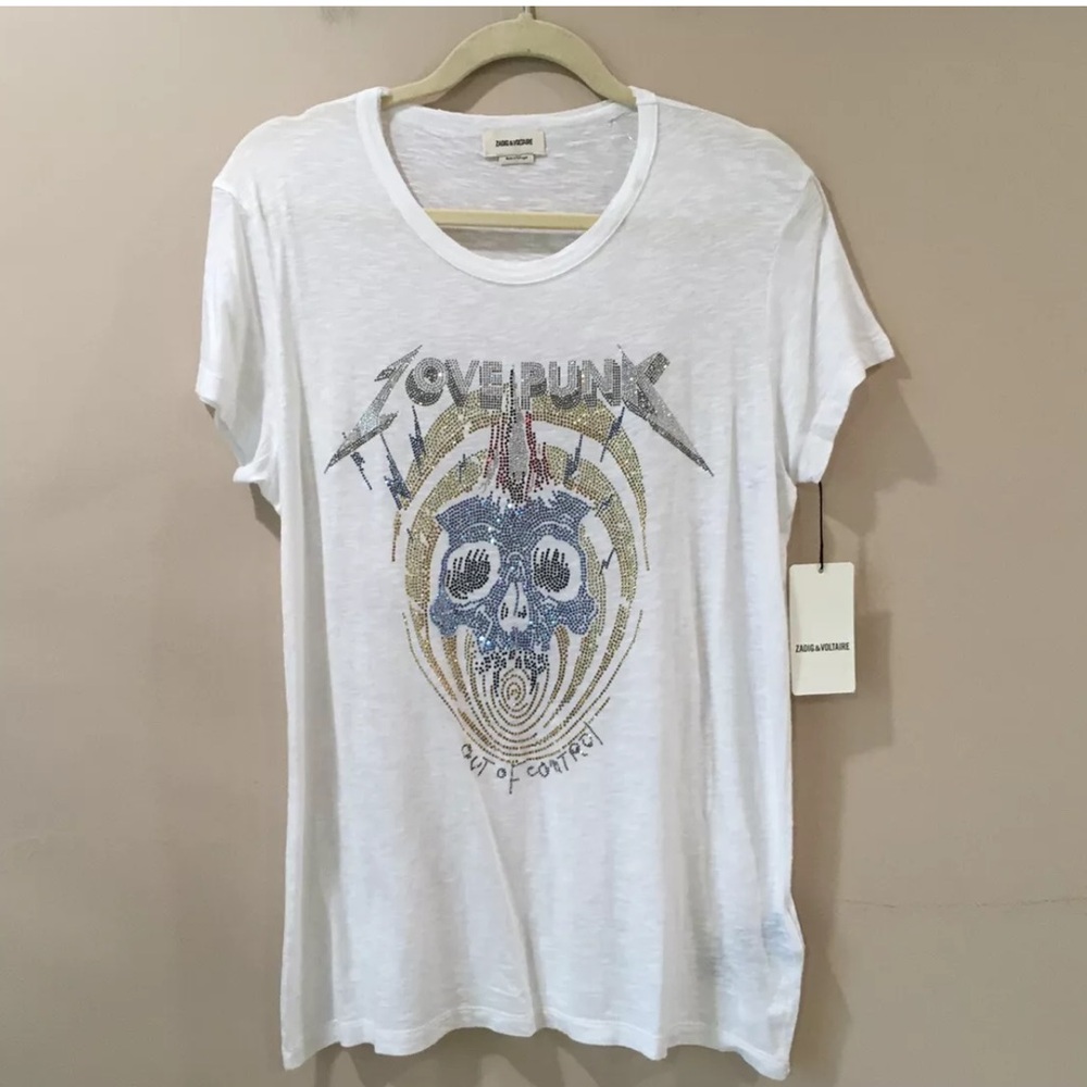Zadig & Voltaire Tee Shirt White Studded Walk Chine Punk Strass Rock